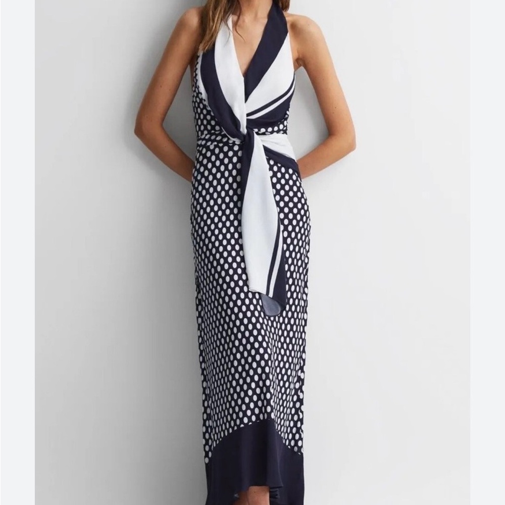Reiss Navy and White Polka Dot Halter Maxi Dress NWT